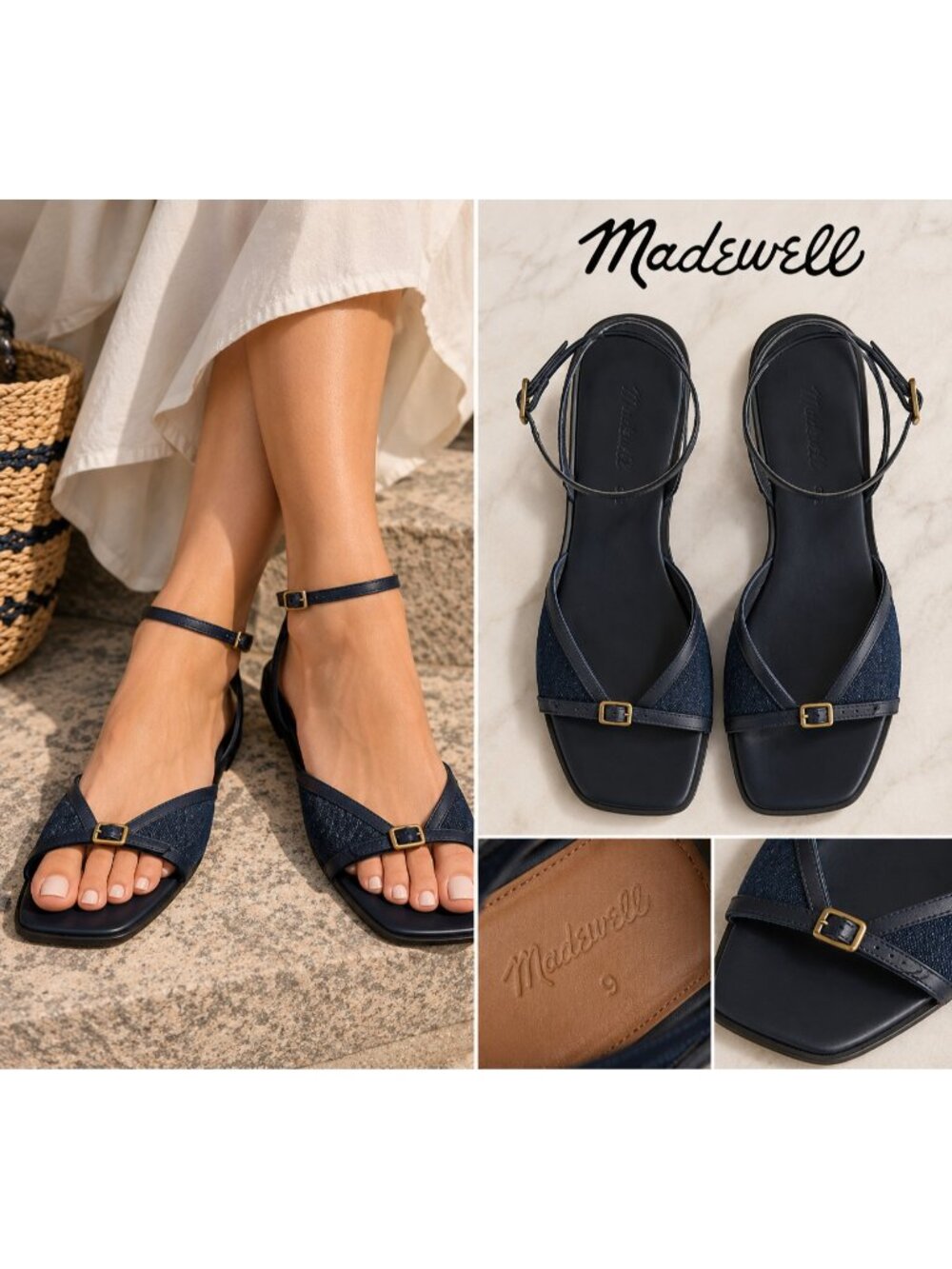 Madewell Women’s Size 9 Navy Denim Leather Square Toe Ankle Strap Sandals